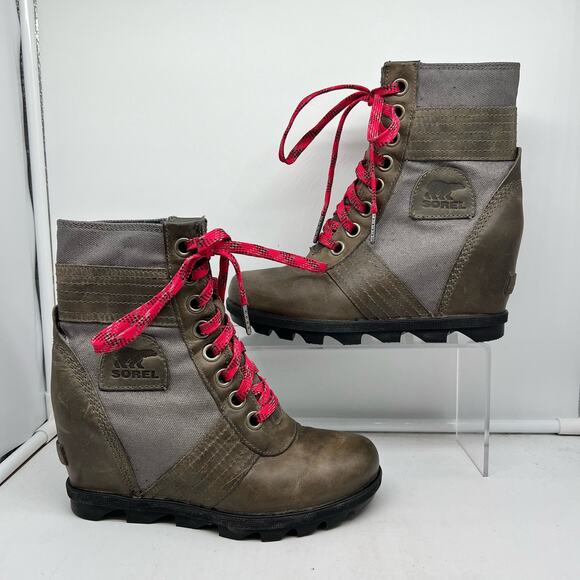 Sorel Boots Womens 6 Lexie Leather Wedge Ankle Brown Gray NL3046 - Picture 1 of 7